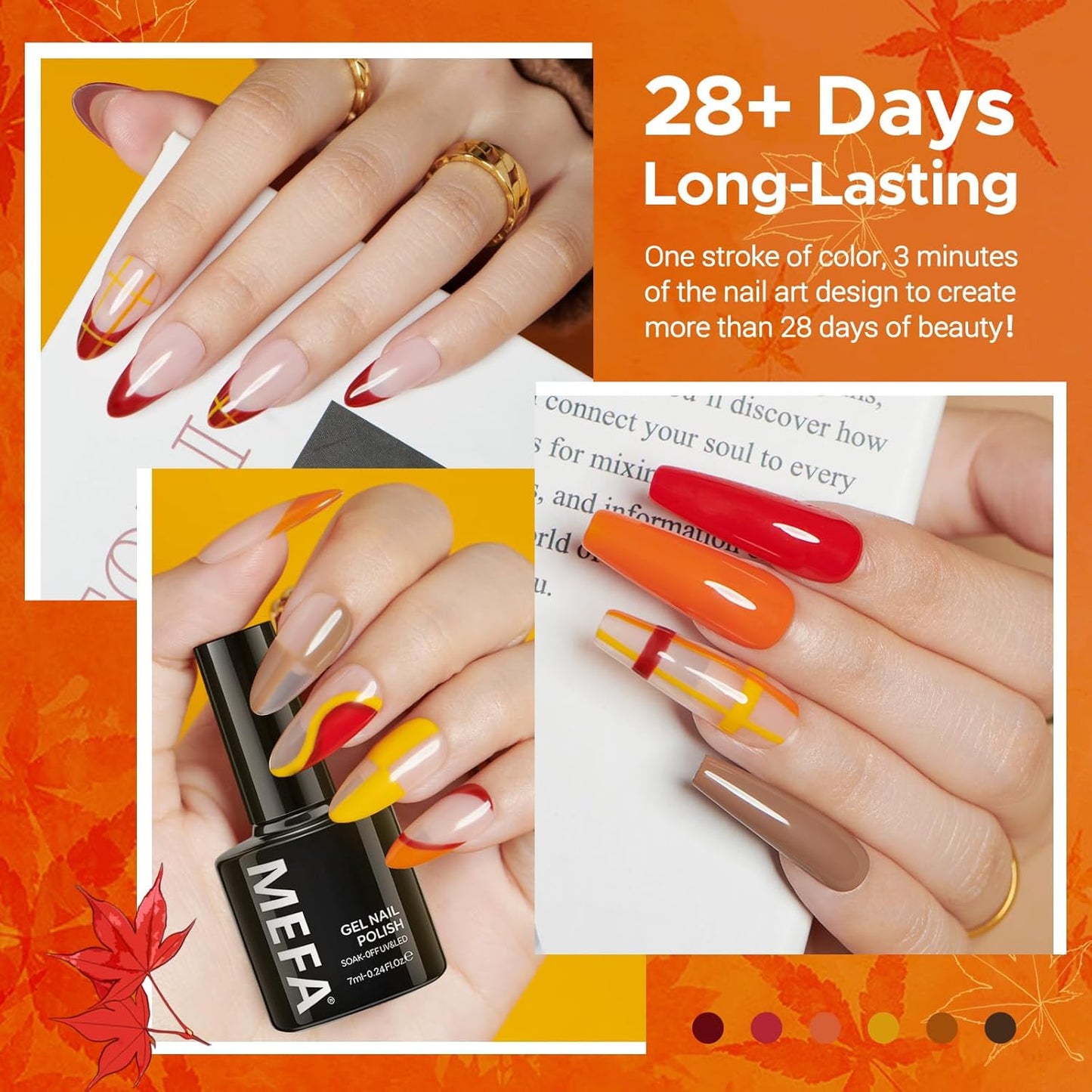 MEFA 6 Colors Fall Gel Nail Polish Set, Shades Orange Red Brown Glitter Yellow Soak Off Gel Polish Spring Summer Tones Nail Art Design Salon Home Manicure Kit Gifts