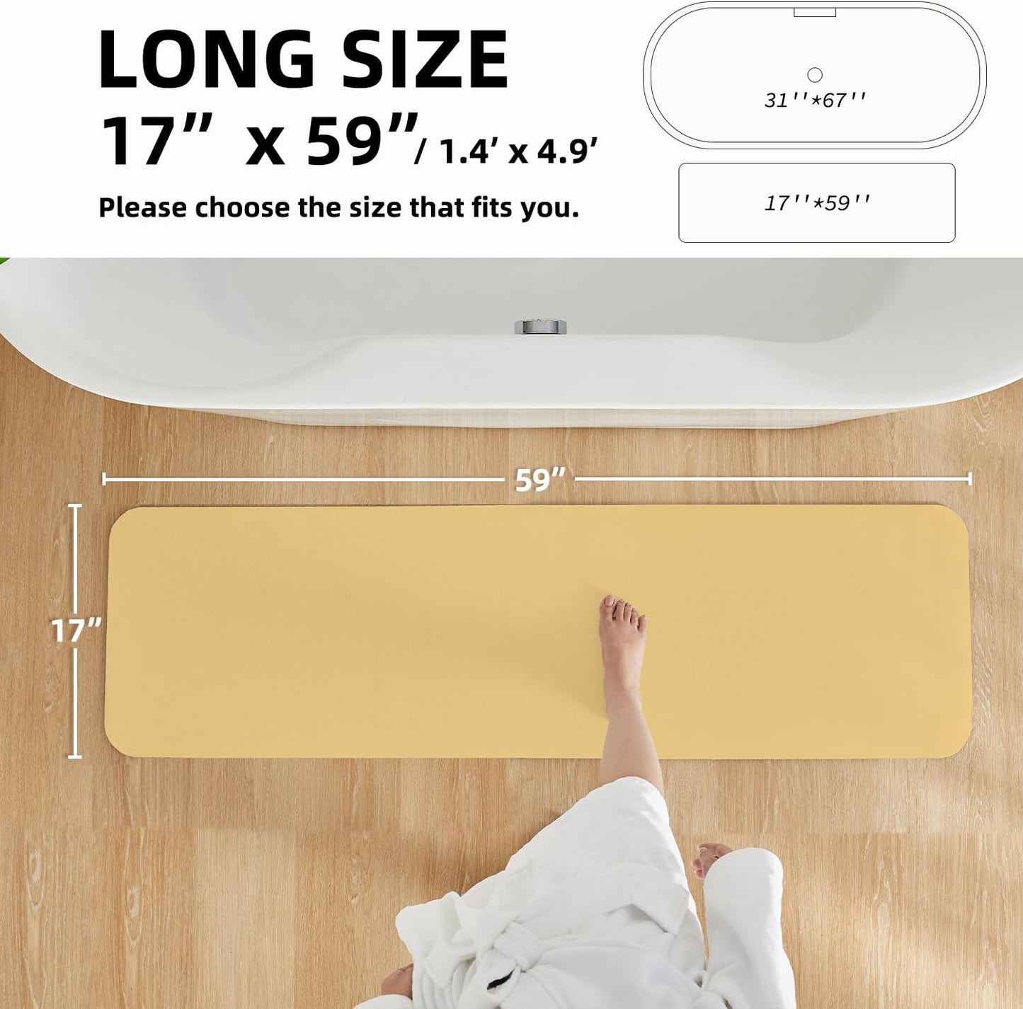 Bathroom Mat Quick Dry, Bathroom Rugs Non Slip Washable Thin Absorbent Bath Mat Fits Under Door Bathroom Floor Mat Perfect for Bath, Shower, or Sink 17"x59" Light Yellow