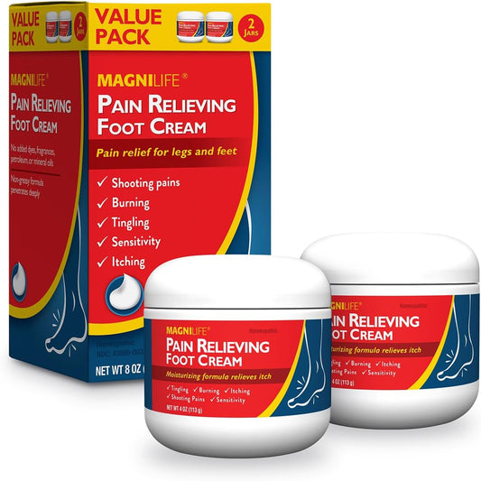 MagniLife Pain Relieving Foot Cream, All-Natural Moisturizing Foot Pain Relief with Beeswax and Eucalyptus to Soothe Soreness, Burning, Tingling, and Sensitivity (2 Pack-4oz Jars)
