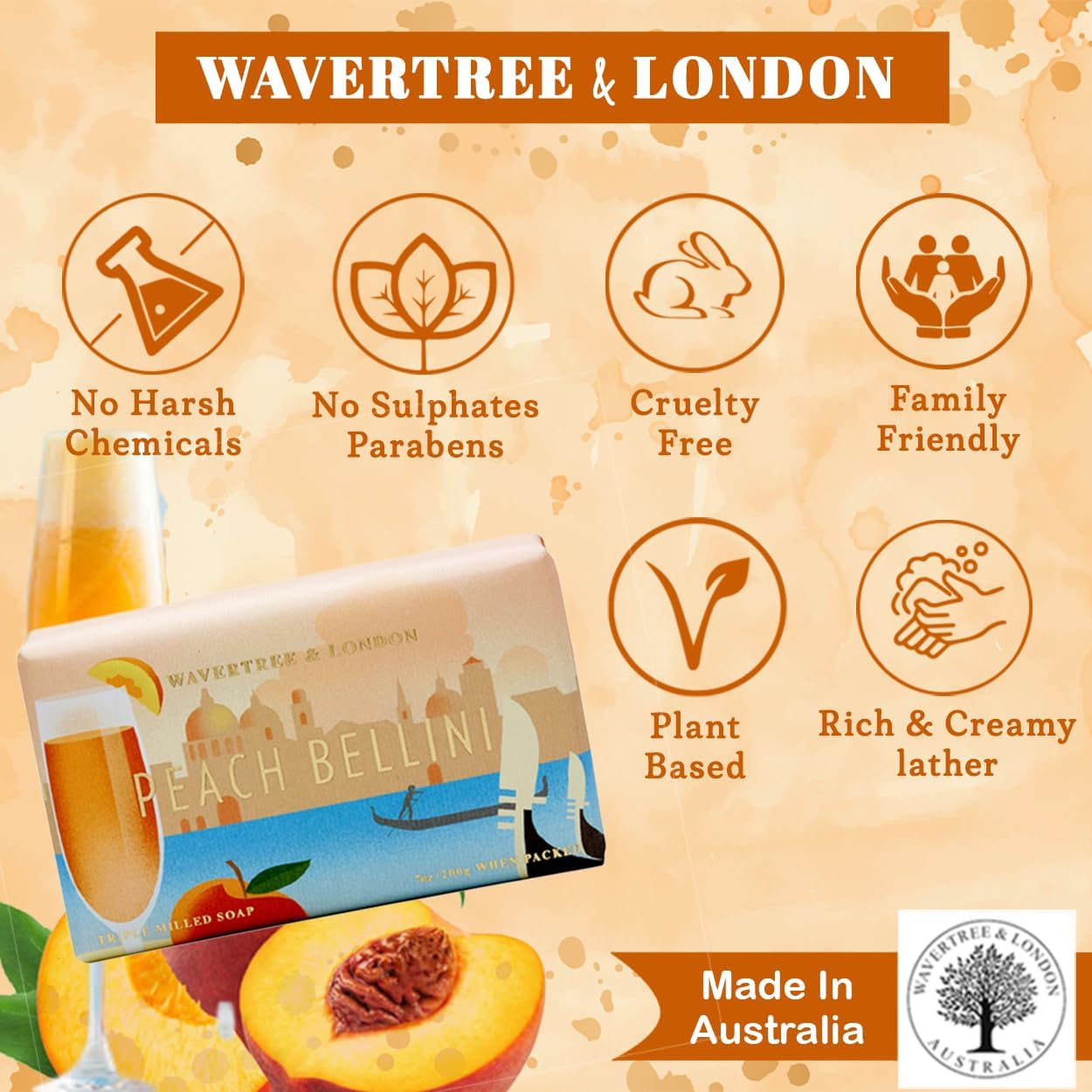 Wavertree & London Peach Bellini Scented Natural Soap Bar, 7oz Moisturizing French Triple Milled Soap Bar for Women & Men