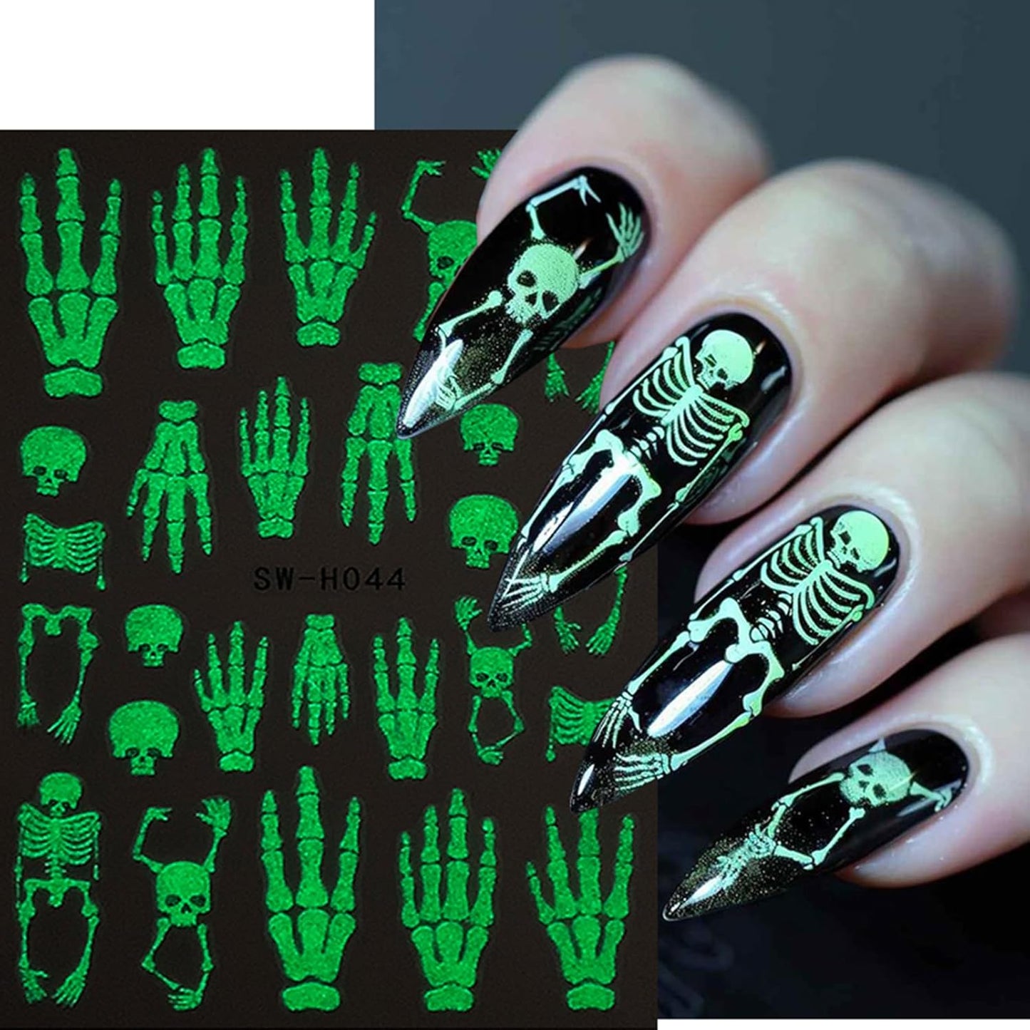 Glow in The Dark Nail Art Stickers Halloween Skull Nail Decals 6PCS Spider Web Skeleton Nails Design 3D Self-Adhesive Nail Art Supplies Halloween Stickers for Nails Luminous for Women DIY Manicure