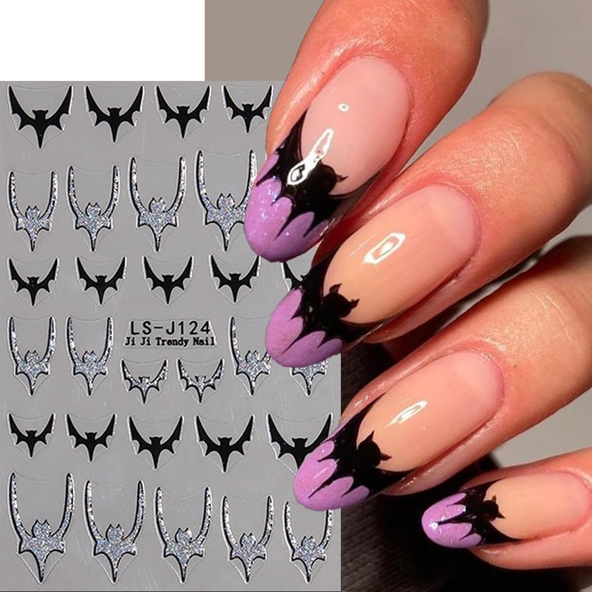 Halloween Nail Stickers Spider Nail Decals Ghost Nail Art Stickers Glitter Spider Web Bat Black Silver Design Bat French Tips Self Adhesive Nail Sticker for Nail Art Manicure Accessories 6Sheets