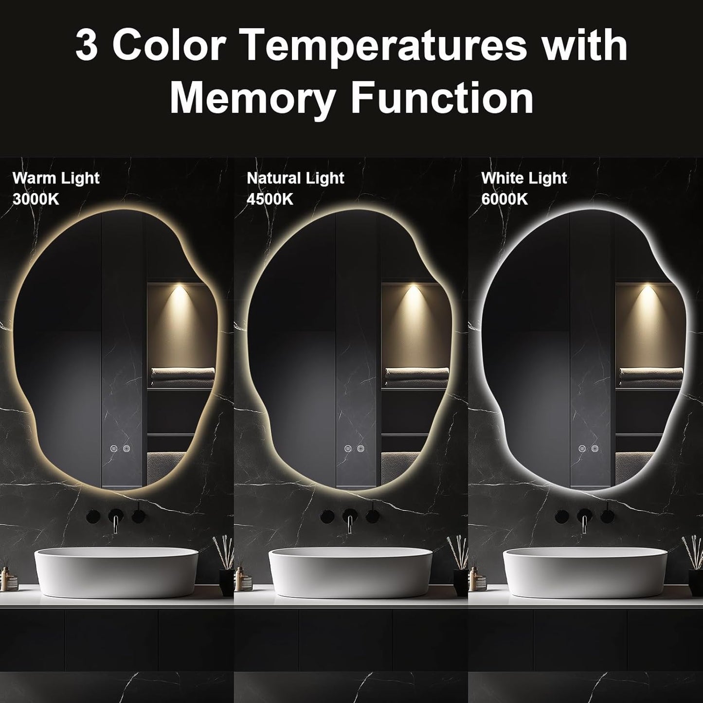 Asymmetrical LED Bathroom Mirror with Lights,Irregular Led Bathroom Vanity Mirror for Wall with Front and Backlit, Anti Fog, 3 Colors and Dimmable Light,[Horizontal/Vertical] 40" H x 30" W