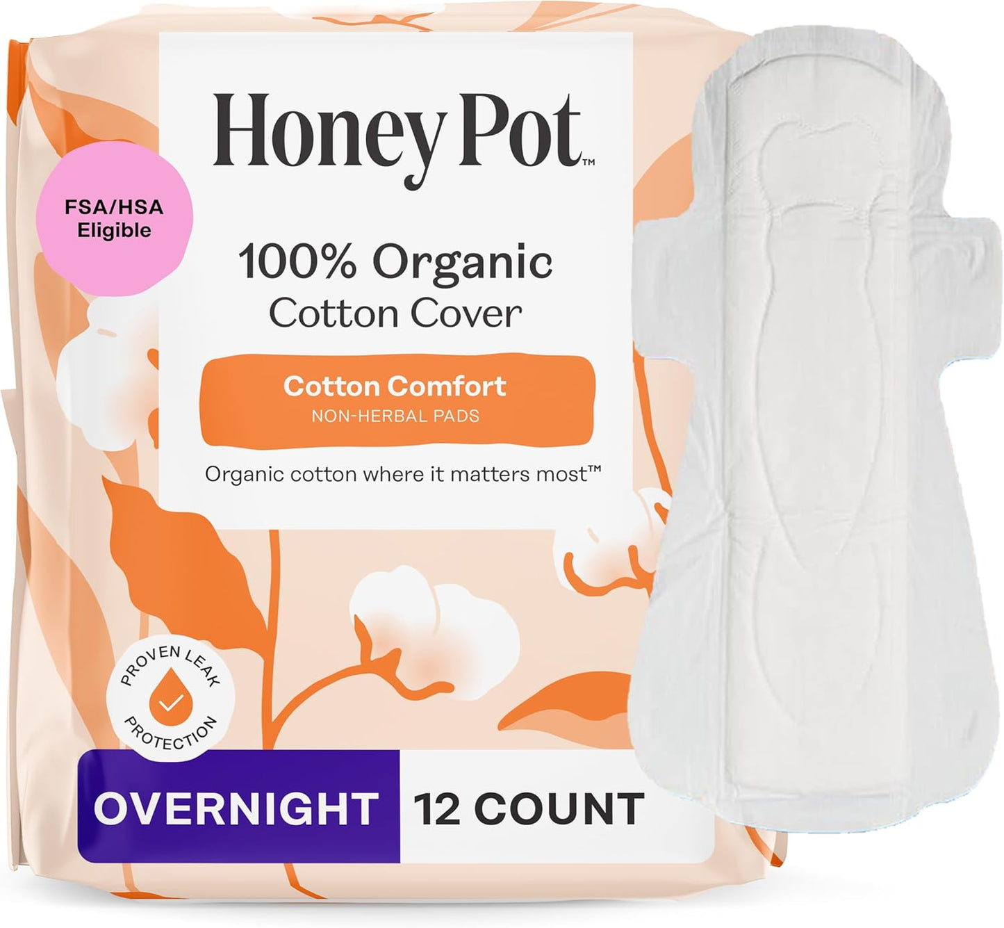 The Honey Pot Company - Sanitary Pads for Women - Non-Herbal Overnight w/Wings - Organic Cotton Cover, & Ultra-Absorbent Pulp Core - Feminine Care - 12 ct