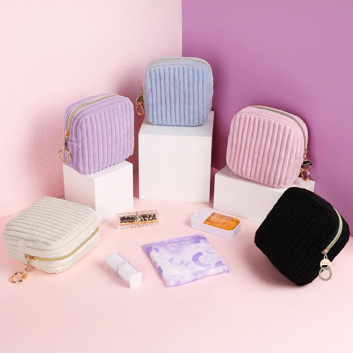 Period Bag for Teen Girls, Corduroy Sanitary Napkin Storage Bag, Fluffy Menstrual Pad PouchTampon Holder for Purse (Purple)