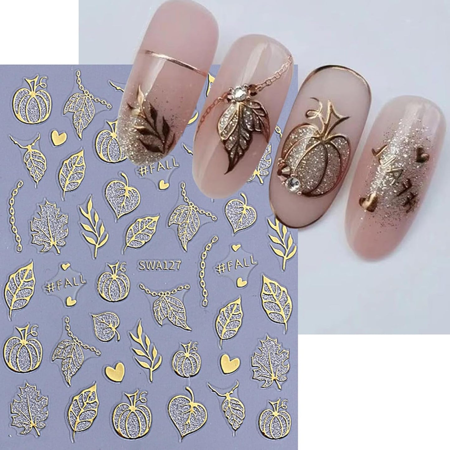 6 Sheets Fall Nail Stickers for Nail Art Halloween Pumpkin Maple Leaf Nail Stickers 3D Self-Adhesive Gold Black Maple Leaf Heart Nail Decals Autumn Maple Leaves Nails Design Leaf Sticker for Women