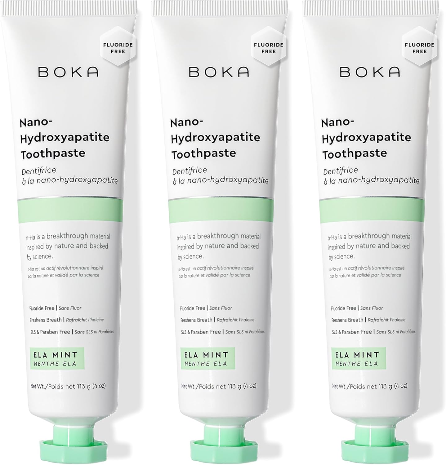 Boka Fluoride Free Toothpaste, Nano Hydroxyapatite Toothpaste, Appropriate for Sensitive Teeth - for Adult, Kids Oral Care - Ela Mint Flavor, 4 Fl Oz 3Pk US Manufactured