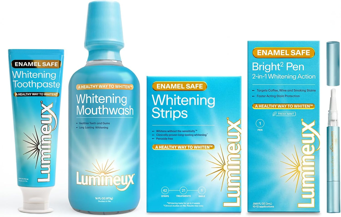Lumineux Ultimate Whitening Kit Bundle - Contains Toothpaste, Mouthwash, Strips and Whitening Pen - Enamel Safe and Clinically Proven to Whiten Without The Sensitivity - Removes Coffee and Tea Stains