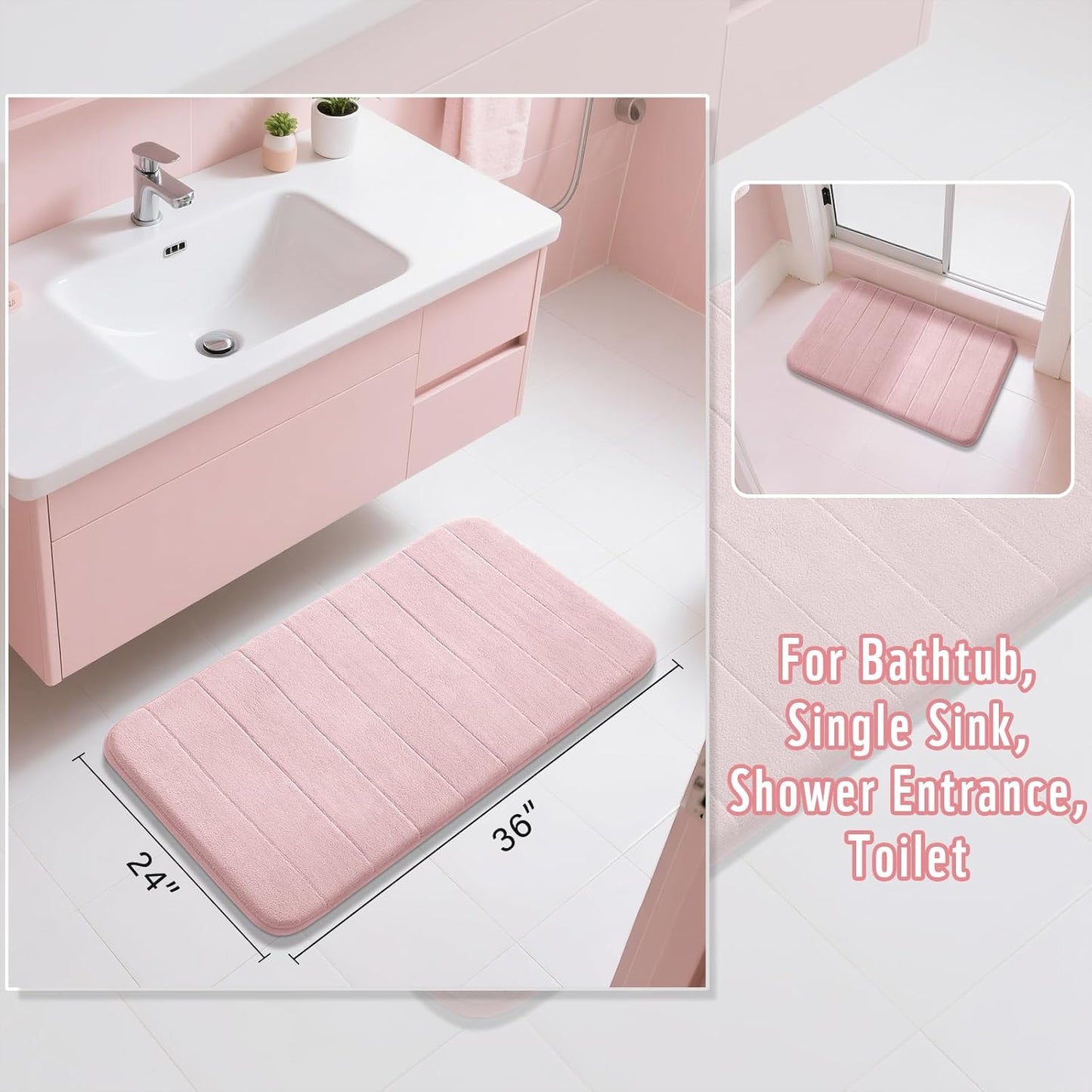 Yimobra Large Bath Mat 36"x24", Super Soft Quick Dry Memory Foam Bathroom Rug, Water Absorbent, Non Slip Backing Machine Washable for Tub Shower, Thick Comfort Support, Pink