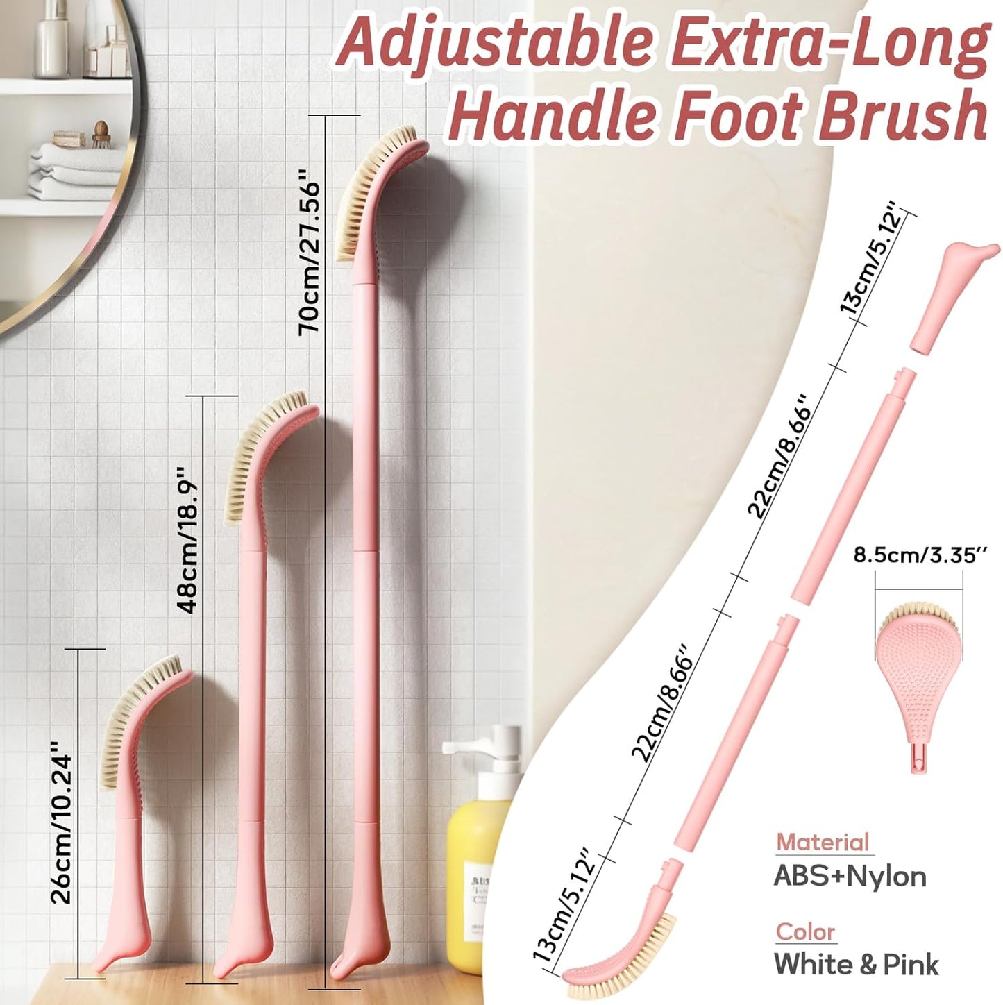 New Foot Brush & Foot File Set(2PCS), 3-in-1 Foot Scrubber in Shower, 10.2’’-27.5’’Adjustable Long Handle Foot Scrub Brush and Upgrade Foot File Callus Remover, Gift-Box Packed(Pink+Foot File)