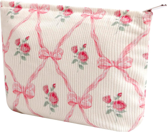 Cosmetic Bags for Women - Corduroy Cosmetic Bag Aesthetic Women Handbags Purses Smile Dots Makeup Organizer Storage Makeup Bag Girls Case Bags (Flowers-Bow)