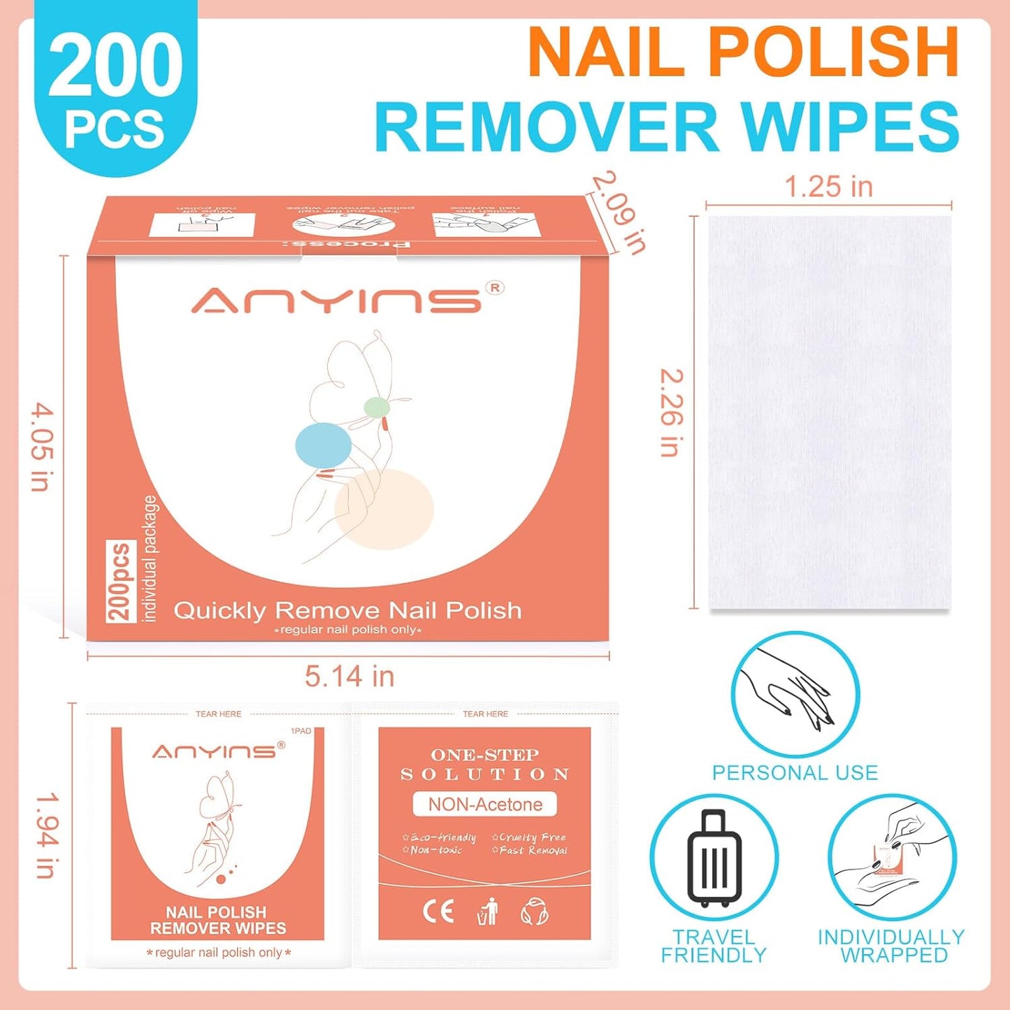 Nail Polish Remover Pads，200PCS Fast Remove Nail Polish Remover Wipes with Nutrition Oil Individually Wrapped Professional Nail Salon and Home Use