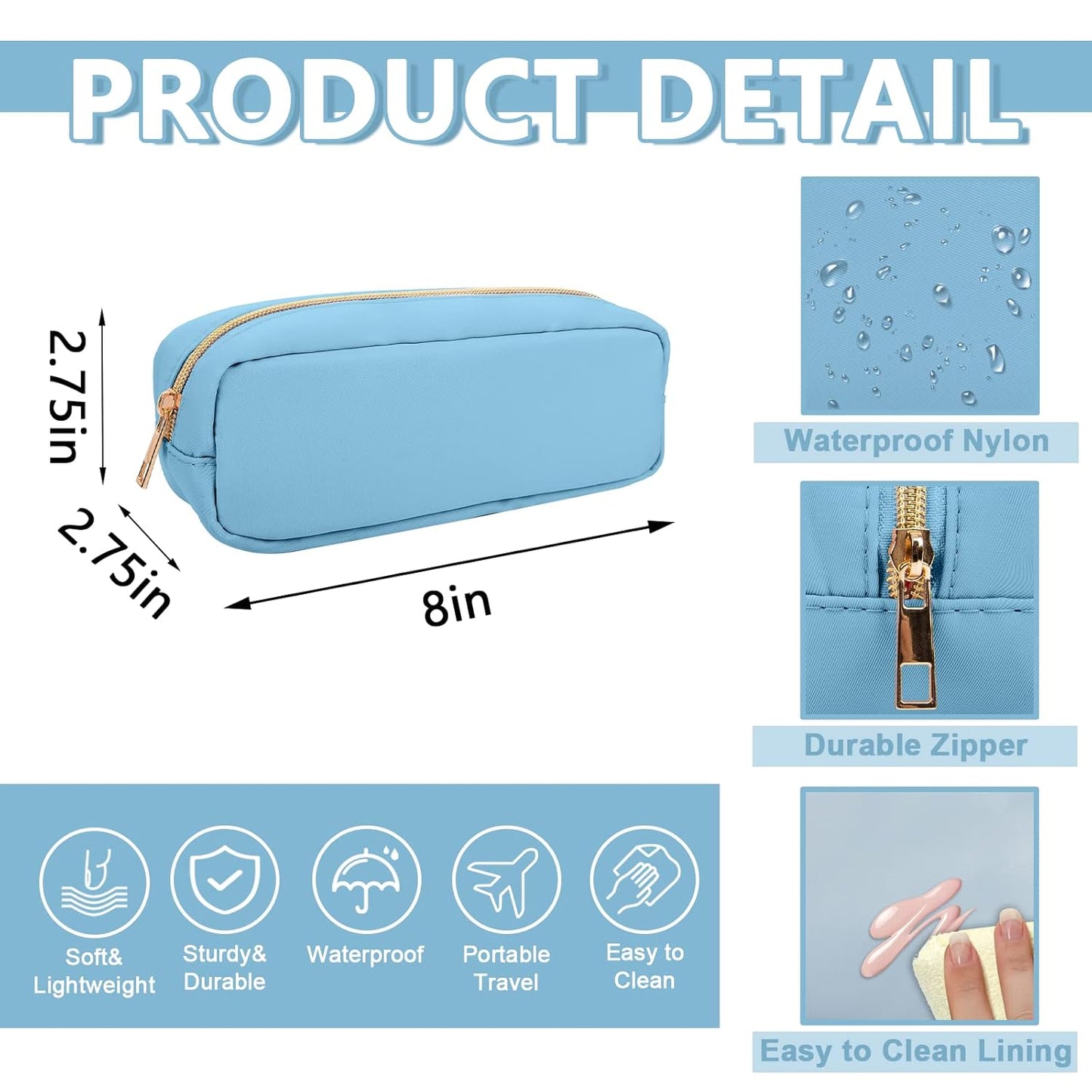 Small Pencil Case Makeup Bag for Purse, Cute Pencil Pouch Preppy Nylon Makeup Brush Bag with Zipper , Girls Portable Stationery Storage Case Small Pen Bag for Office School College(Slim-Periwinkle)