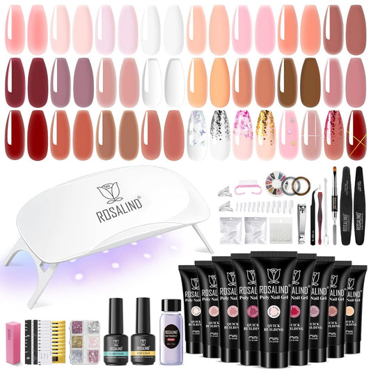 ROSALIND Poly Nail Gel Kit -20 Colors + 76 Nail Art Accessories kit Clear Nude Poly Nails Gel Starter Kit With Slip Solution Pro Nude Pink Nail Extensions with Mini UV Lamp
