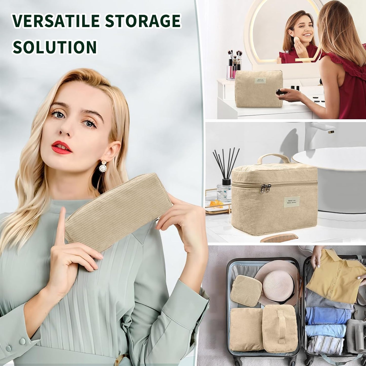 4 Pcs Makeup Bag for Women Corduroy Cosmetic Bag Aesthetic Cute Bags Multi Size Purse Pouch Travel Toiletry Bag Set Makeup Organizer with Zipper (06-Yellow)