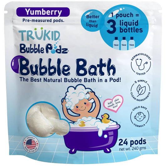 TruKid Bubble Podz Bubble Bath for Kids, Toddlers, & Babies, Tear Free Gentle & Refreshing Bath Bomb for Sensitive Skin with Natural Moisturizers, Non-Toxic, pH Balanced, Yumberry Scent (24 Podz)