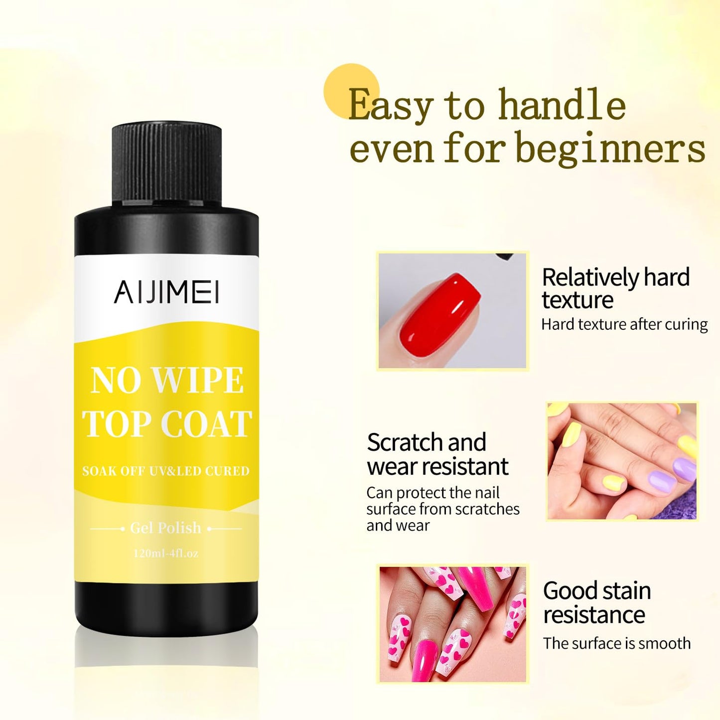 AIJIMEI 120ml Gel Polish No Wipe Top Coat Long Lasting Top Gel for Acrylic Nails,Top Coat for Home DIY and Nail Salon Non-Wipe TopCoat 4 Fl Oz