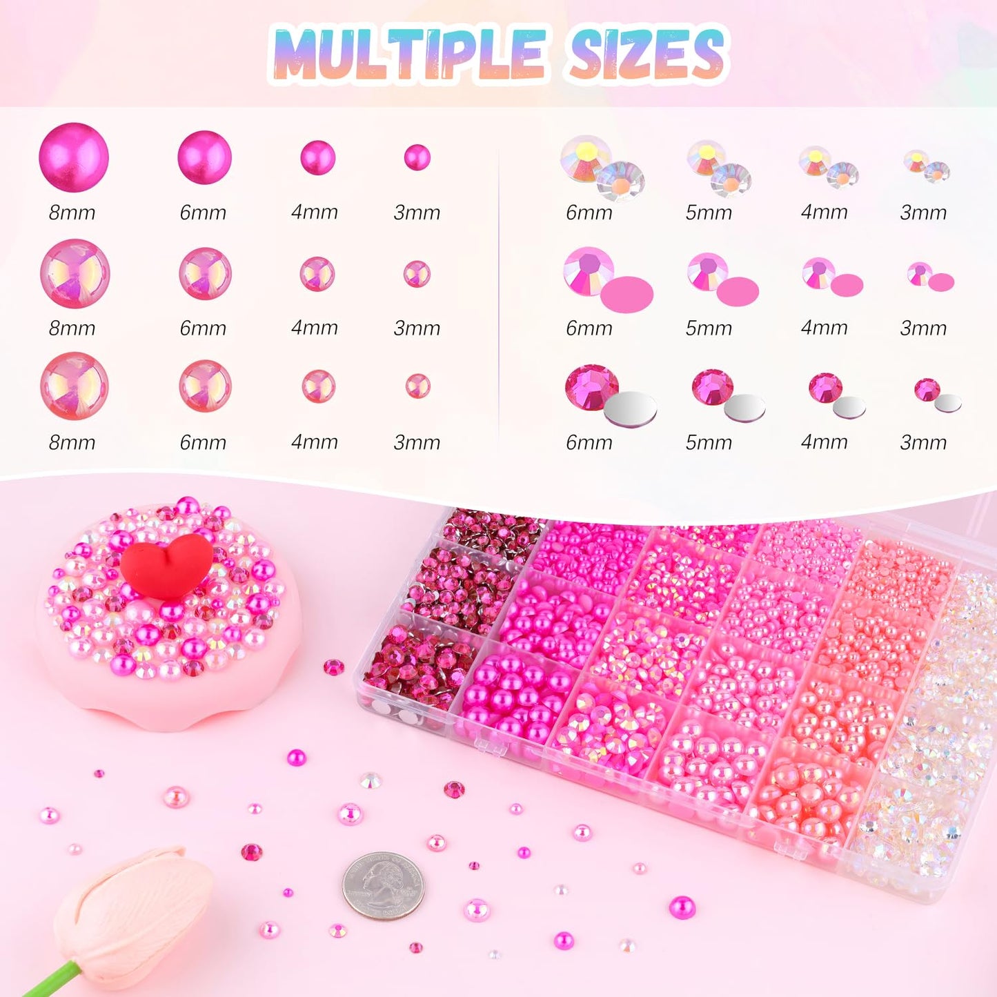 9000Pcs Flatback Pearls and Rhinestones for Crafting, Hot Pink Light Pink Mixed Size 3-8mm Resin Rhinestones and Half Pearls for Bedazzling, Nail Art and Decoration with 3pcs B7000 Jewelry Glue