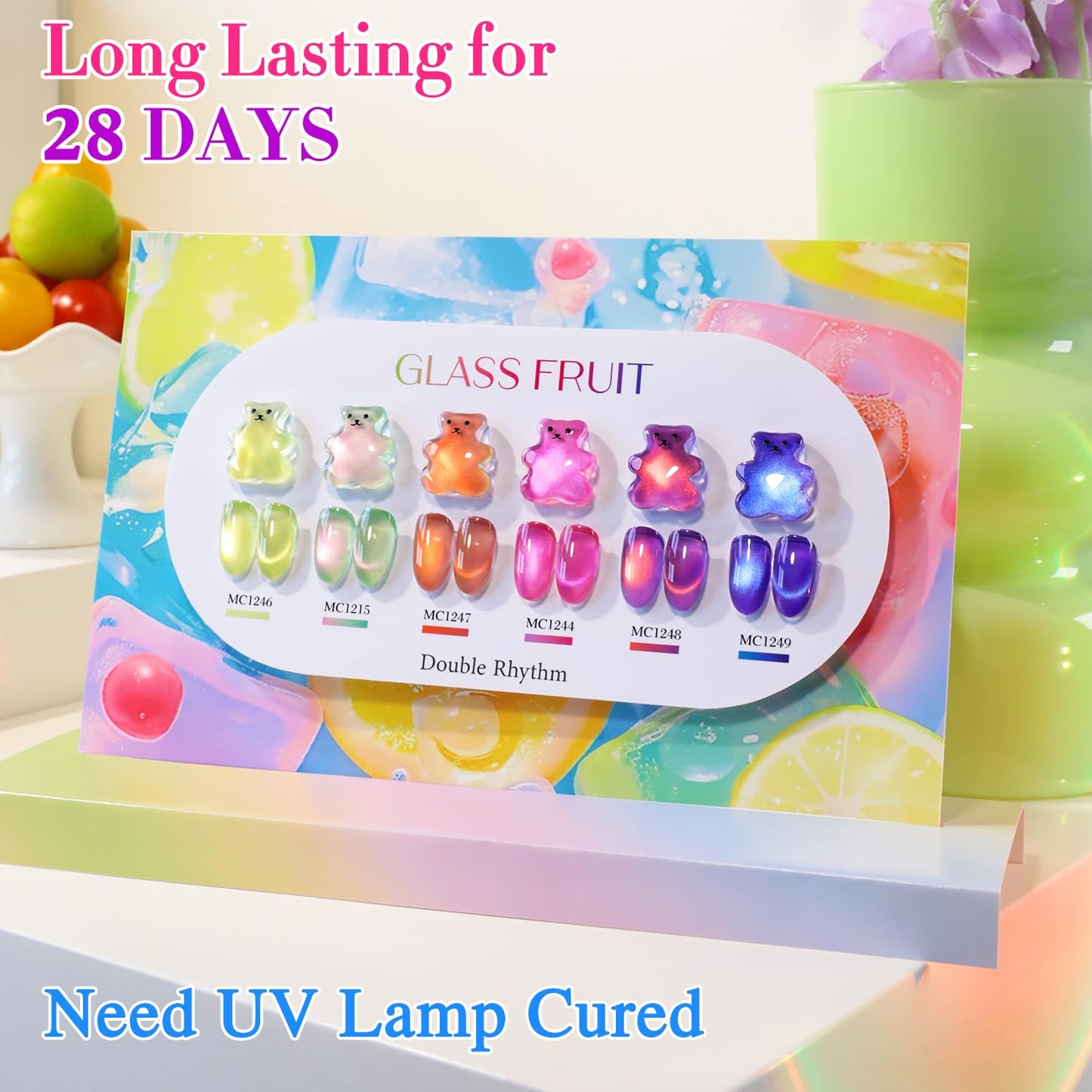 Double Rhythm Fruit Cat Eye Gel Nail Polish Set of 6 Same Color Same Bottle 0.5 Oz Shimmer Glitter with Magnet Holographic Reflective Magnetic UV Polish Kit at Home (Glass Rose Pink Green-T6-48)