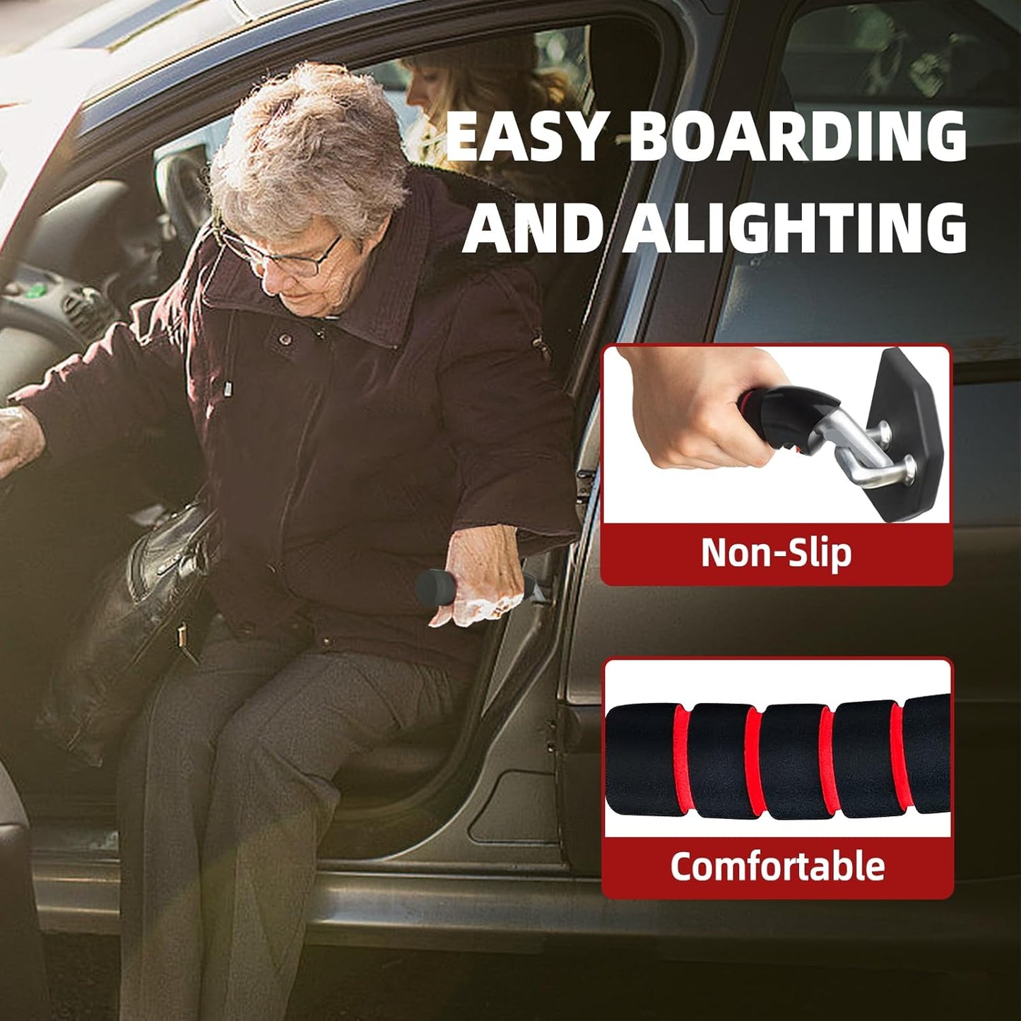Car Door Handle for Elderly, Mobility Car Assist Transfer Support Handle and Adjustable Straps, Multifunction Automotive Grab Handles, Aids for Disabled and Elderly（Red）