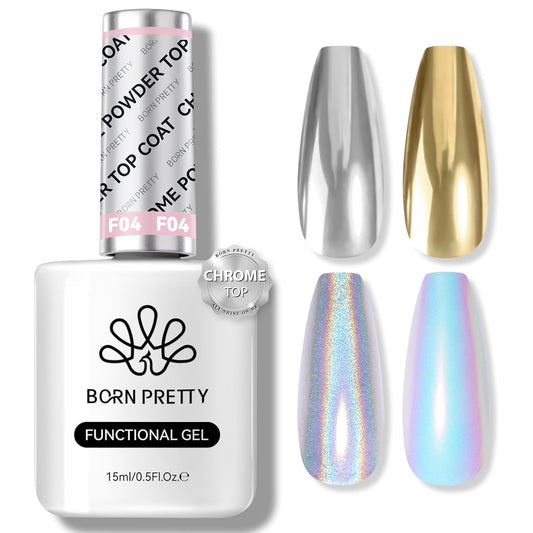 Born Pretty Top Gel for Chrome Nail Powder, 15ml Top Gel for Metallic Gel Nail Polish, Shine Finish and Long Lasting, Soak Off Nail Lamp Gel Nail Art Design
