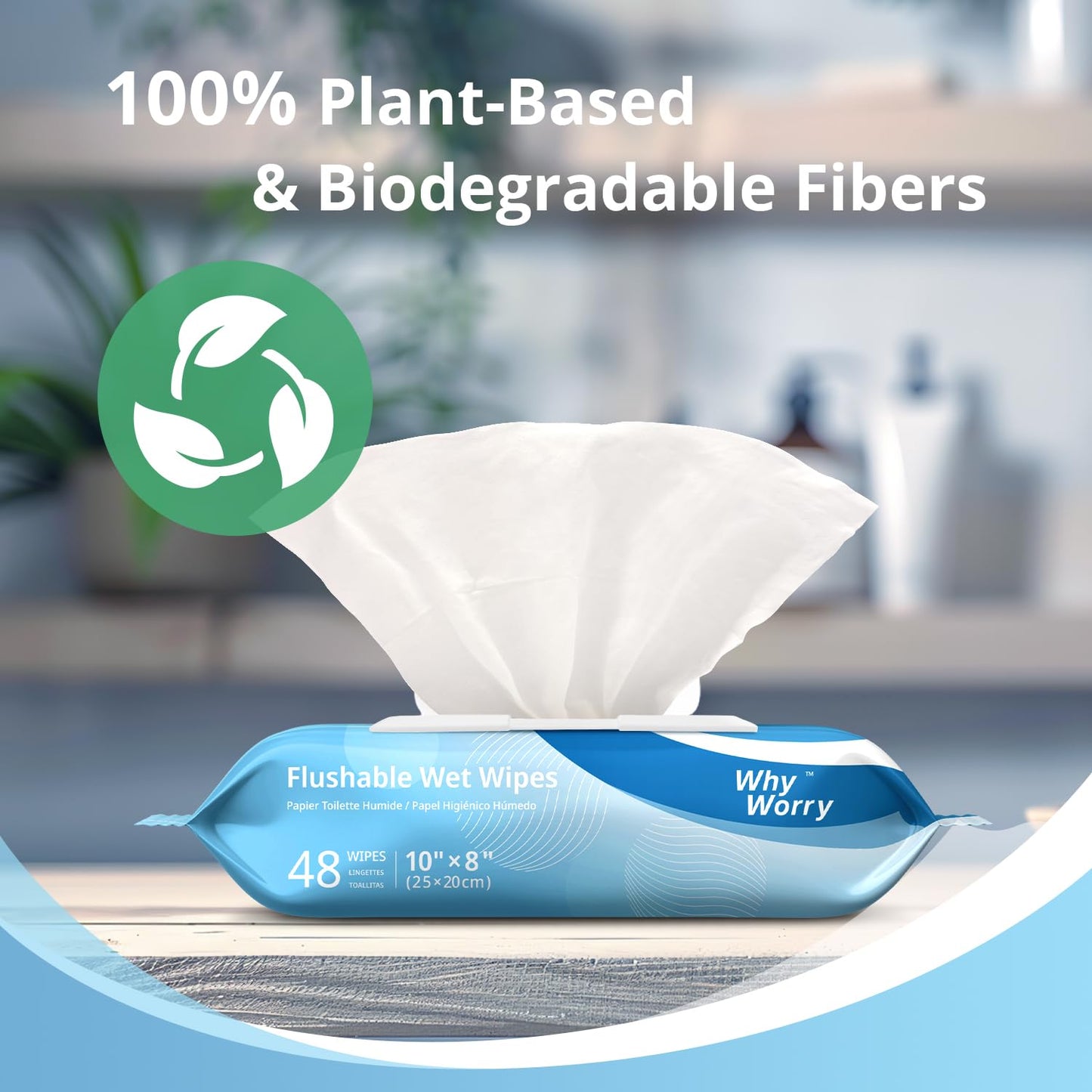 WhyWorry Flushable Wipes for Adults, Extra Large 8"x10" Butt Wipes for Toilet & Personal Cleansing, with Chamomile and Vitamin E, 100% Plant-Based, Septic & Sewer Safe, Sea Incense, 48 Count