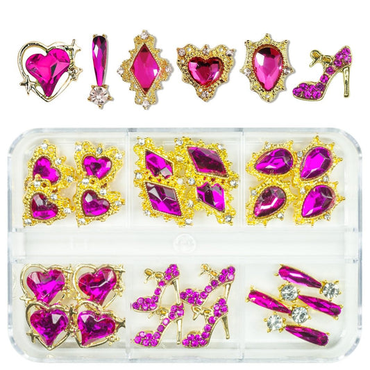 24pcs Rose Pink Nail Rhinestones Luxury Nail Charms Rose Red Heart Charms for Nails 3D Big Nail Gems K9 Glass Crystals Diamonds Jewelry Stones Alloy Nail Art Studs Decor for Arylic Nails Crafts