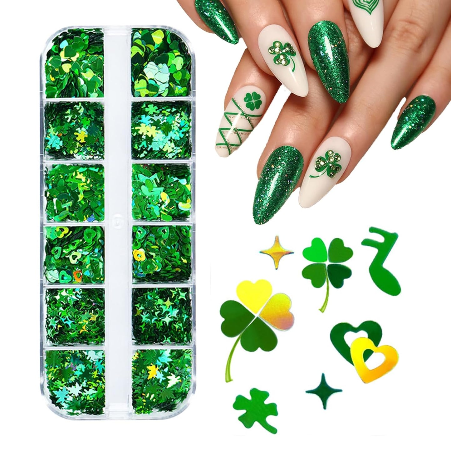 St.Patrick's Day Nail Art Glitter Sequins 3D Holographic Laser Green Hearts Stars Leaves Clovers Musical Nail Acrylic Stickers Spring Shiny Flakes Nail Supplies for Women Girls Nail Decoration 12Grids