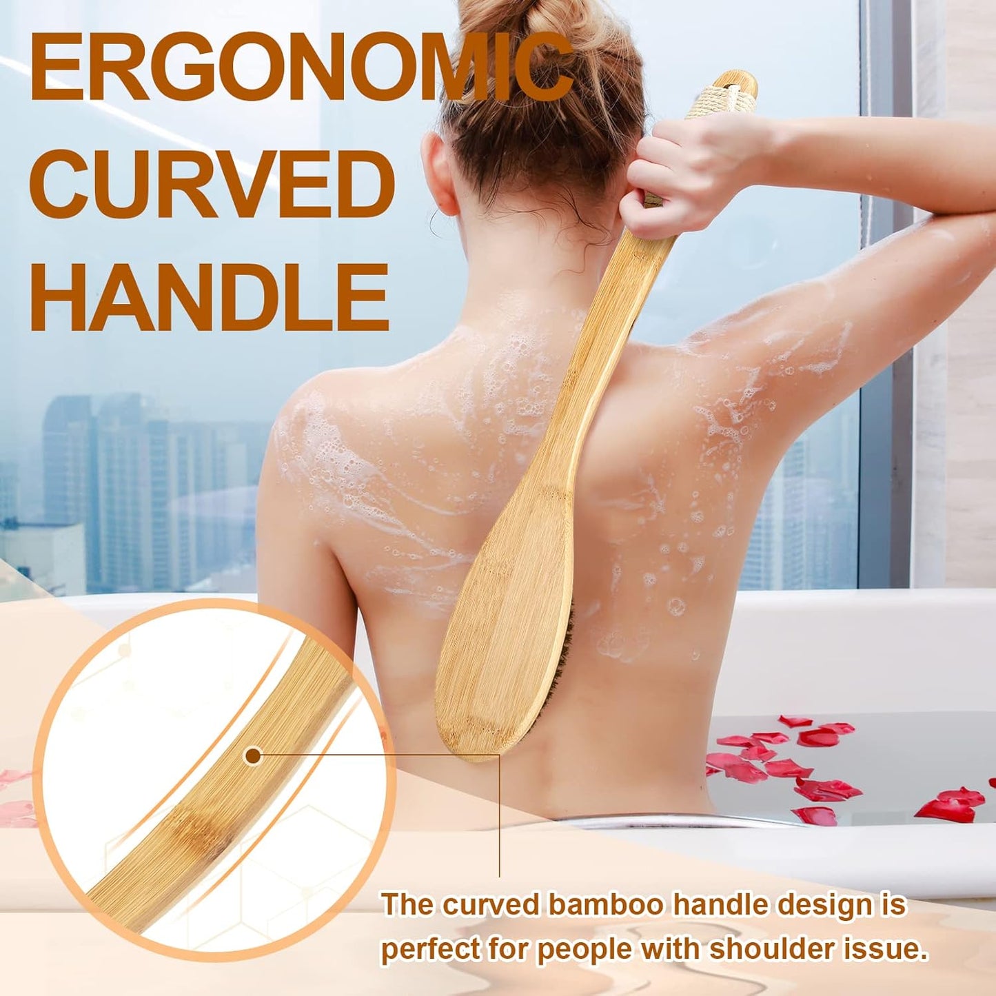Bamboo Shower Brush with Curved Long Handle, 16.7 Inches Exfoliating Back Scrubber with Natural Bristles for Men & Women, Back Exfoliator Body Washer for Bath or Dry Brushing