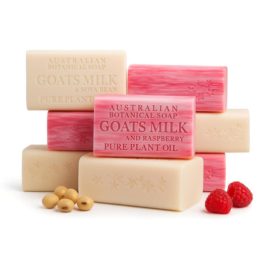 Australian Botanical Soap, Classic Goat Milk and Goat's Milk with Raspberry, 6.6 OZ, Triple Milled Bars made with a Natural Soap Base and Enriched with Organic Shea Butter, Pack of 8
