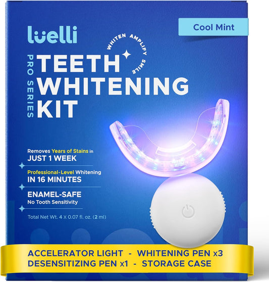 Luelli Teeth Whitening Kit with 35% Carbamide Peroxide - Teeth Whitener for Sensitive Teeth | Enamel Safe - 32 LED Lights - Wireless with Tray and Whitening Gel Pen for Home | Travel (Cool Mint)