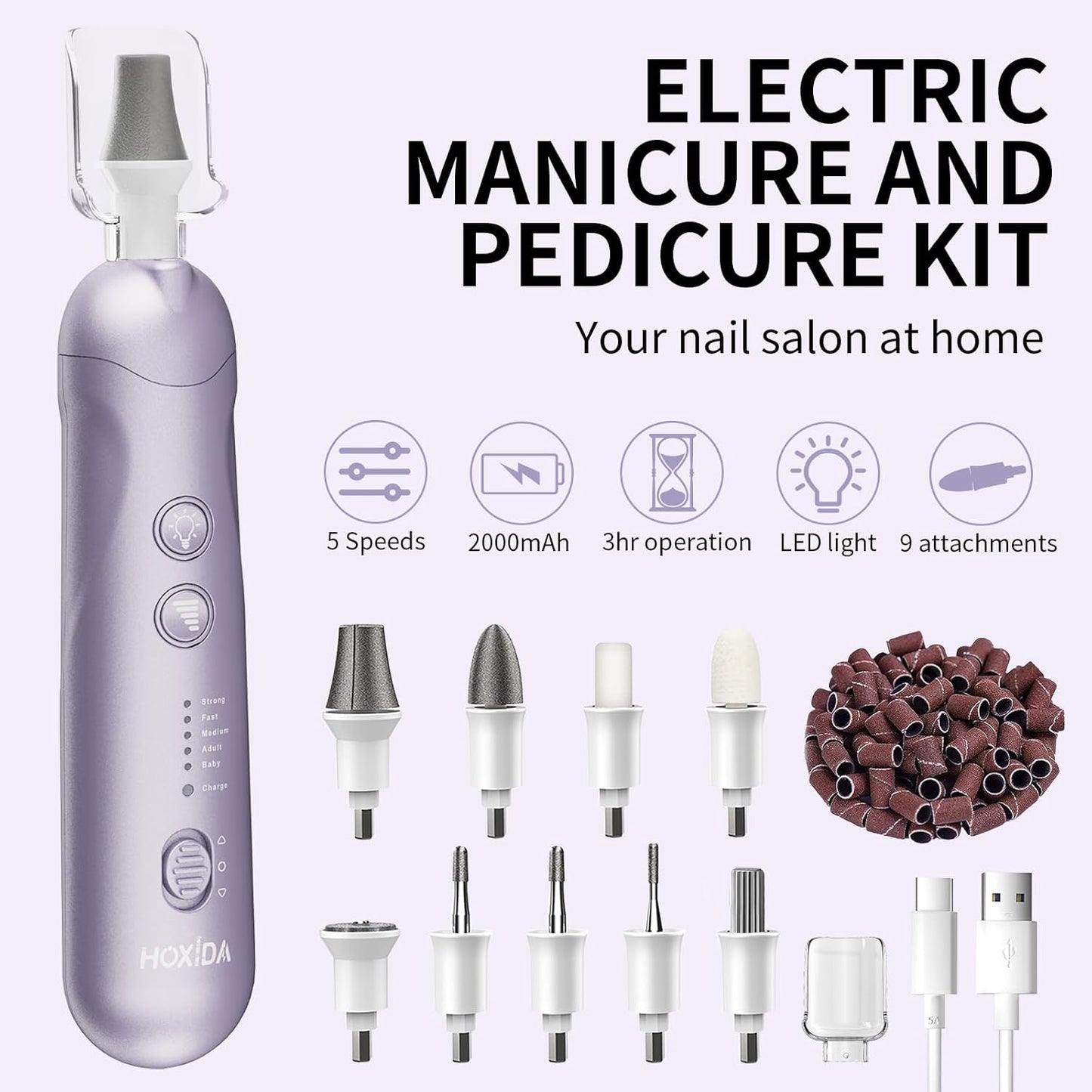 Professional Manicure Pedicure Kit, Cordless Electric Nail File Set, Rechargeable Pedicure Tools for feet, 5 Speeds Hand Foot Care Nail Drill for Thick Nail Toenail Cuticle Women Men Baby Pets-Purple