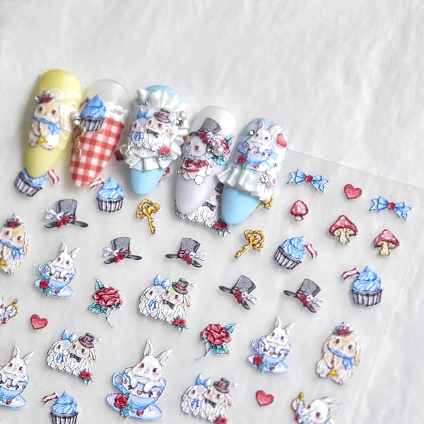 Dedyel Cute Nail Stickers 5D Embossed Cartoon Bunny Kawaii Animal Self-Adhesive Nail Decals for Women Girls Kids Nail Art Decoration