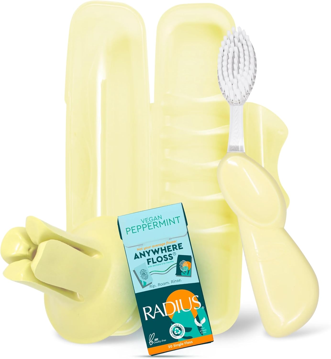 RADIUS Vacation Pastel Bundle, Includes Right Handed Big Brush, Toothbrush Travel Case, DOC Toothbrush Holder, Anywhere Travel Floss Packette, Lemon Meringue Yellow, 4 Piece Bundle