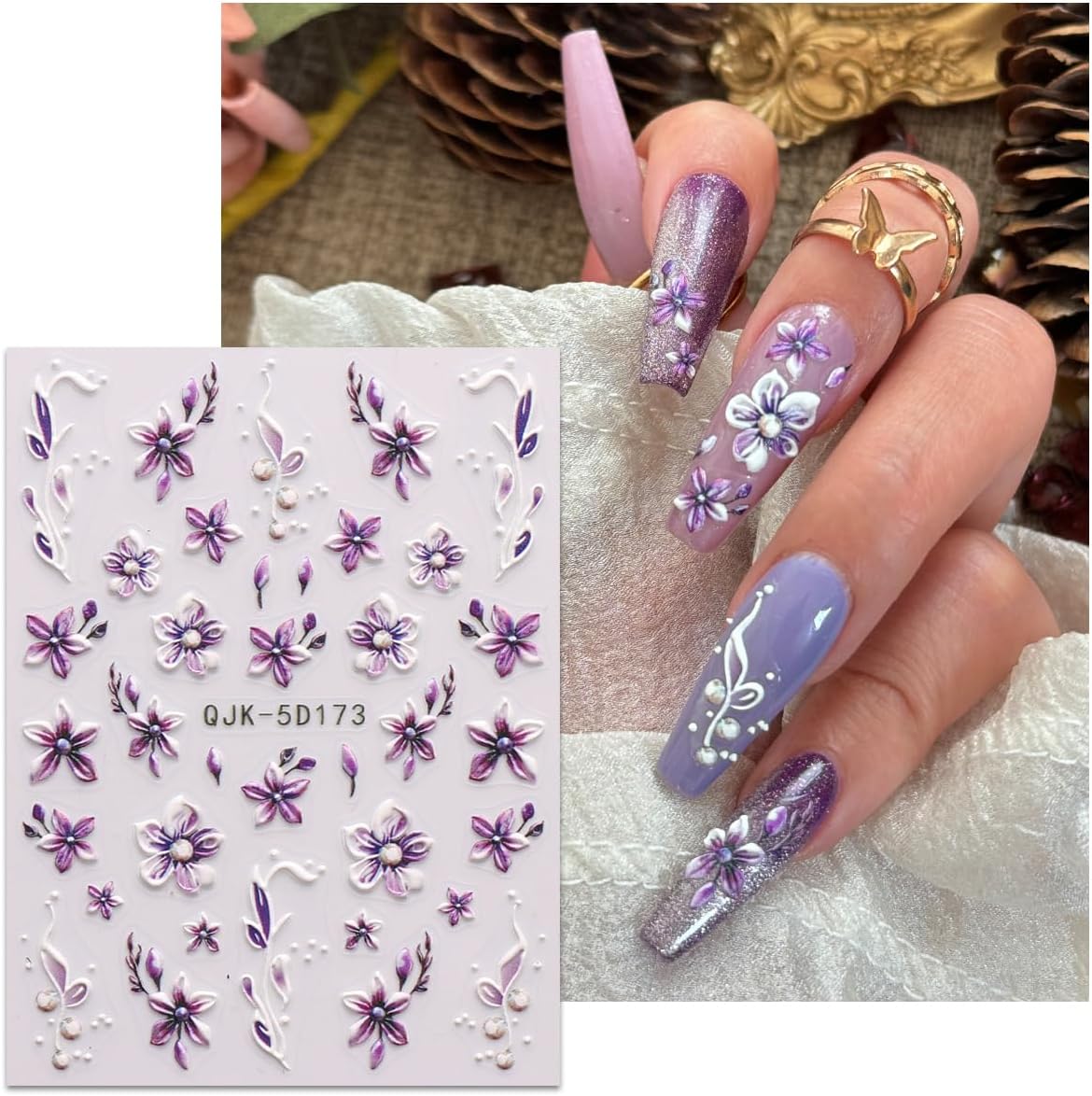JMEOWIO 3D Embossed Flower Nail Art Stickers Decals Self-Adhesive 5D Spring Summer Floral Nail Supplies Nail Art Design Decoration Accessories 4 Sheets