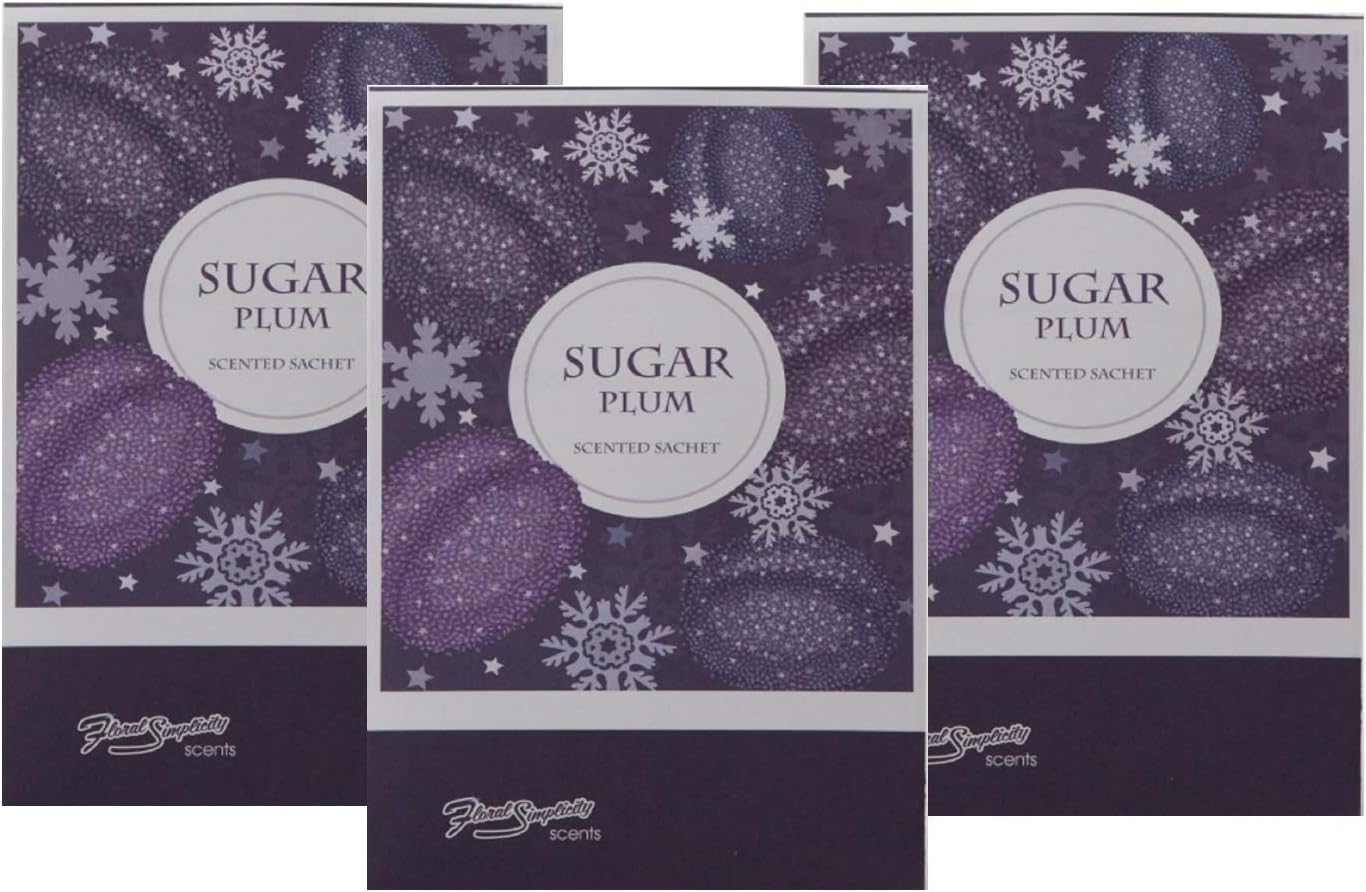 Floral Simplicity Sugar Plum Scented Sachets Pack of 3, Fall & Winter - Long-Lasting Scented Bags, Home Fragrance, Air Freshener & Deodorizer for Closet, Room, Drawer, or Cars, Made in USA