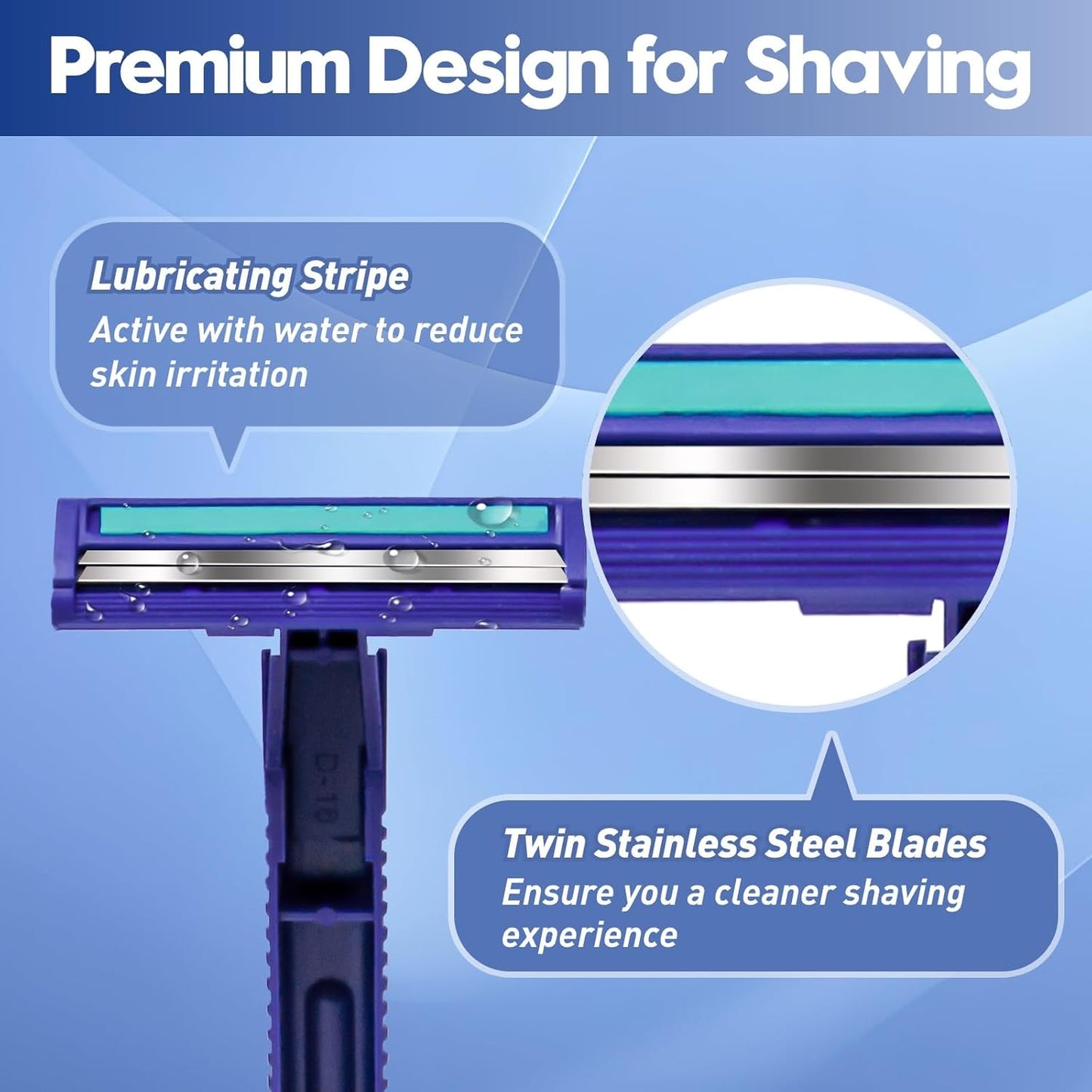 Twin Blade Disposable Razors for Men & Women – 135 Pack Bulk Stainless Steel Shavers with Lubricating Strip & Safety Cap, Non-Slip Handle for Sensitive Skin, Travel, Hotel, Charity (Blue)