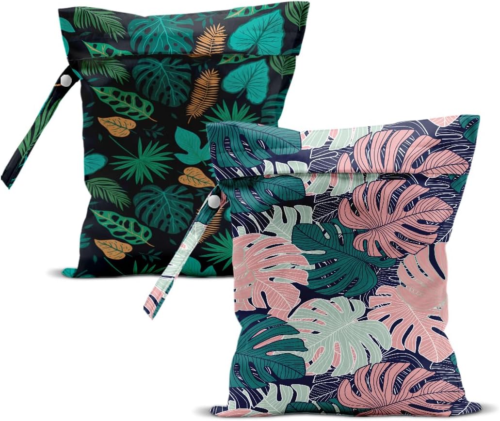 2Pcs Palm Leaves Wet Bag 12x10 Inch, Plants Waterproof Reusable Wet Dry Bag, Tropical Washable Travel Laundry Bags for Swimsuit Beach Diapers Dirty Yoga Gym Clothes, Plants Gifts for Women Friend