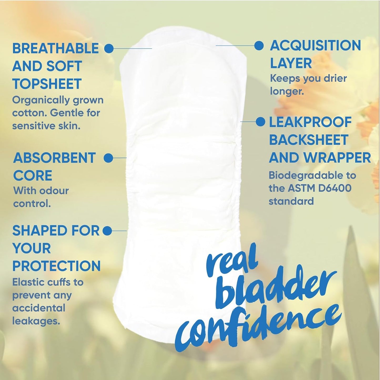 Oi | Organic Initiative Incontinence Pads, Organic Cotton Topsheet, Odor Control, Breathable and Hypoallergenic, Absorbs up to 17 floz, Suitable for Postpartum, Extra Plus/Maximum (14.2") 22 Pads