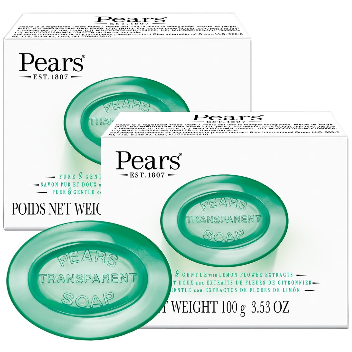 Pears Soap, Pure & Gentle with Lemon Flower Extract, 2-Pack – Transparent Green Glycerin Soap for Radiant, Glowing Skin, 3.53 Oz Ea