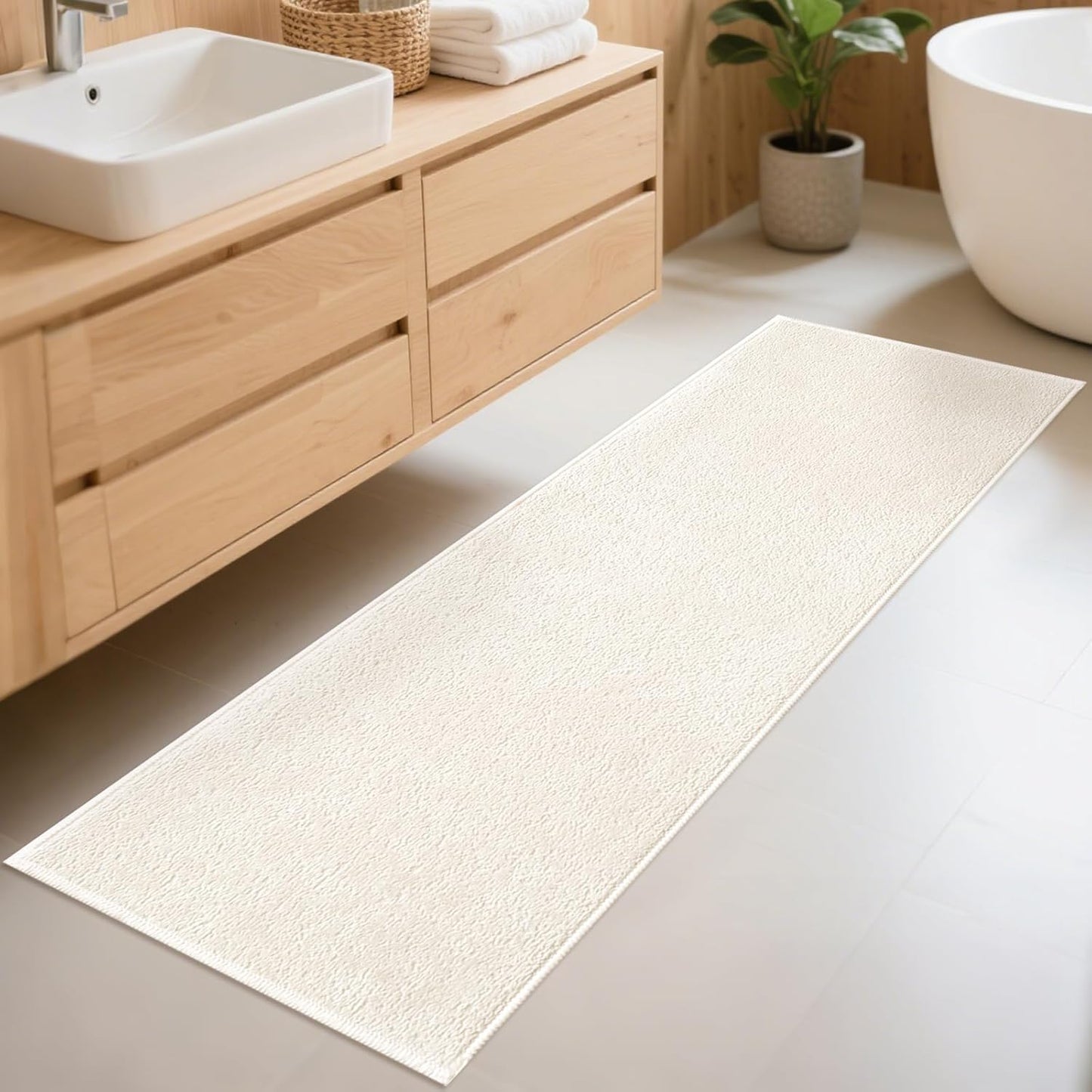Bathroom Runner Rugs, Thin Absorbent Non-Slip Bath Mat, Quick Dry Low Pile Mats for Bathroom Floor Front of Bathtub,Shower Room,Sink,20"×47",White