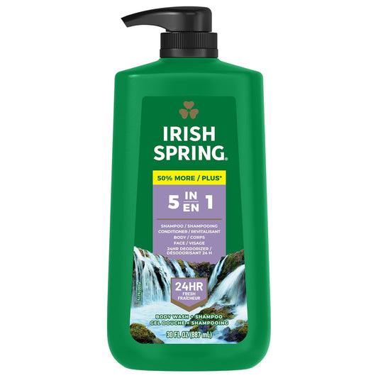 Irish Spring 5 in 1 Body Wash for Men, Men's Body Wash, Smell Fresh and Clean for 24 Hours, Conditions and Cleans Body, Face, and Hair, Made with Biodegradable Ingredients, 30 Oz Pump