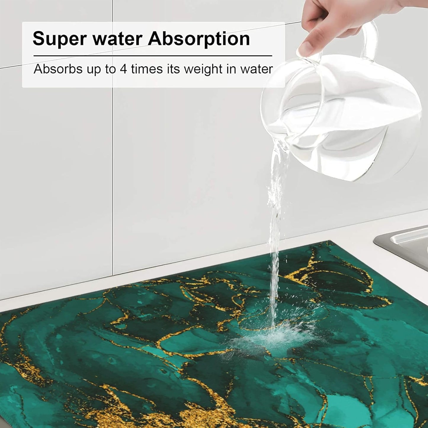 Turquoise Marble Decorative Dish Drying Mat for Kitchen Counter Washable Absorbent Reversible Microfiber Emerald Dark Green Drying Pad Kitchen Accessories 16"x18"