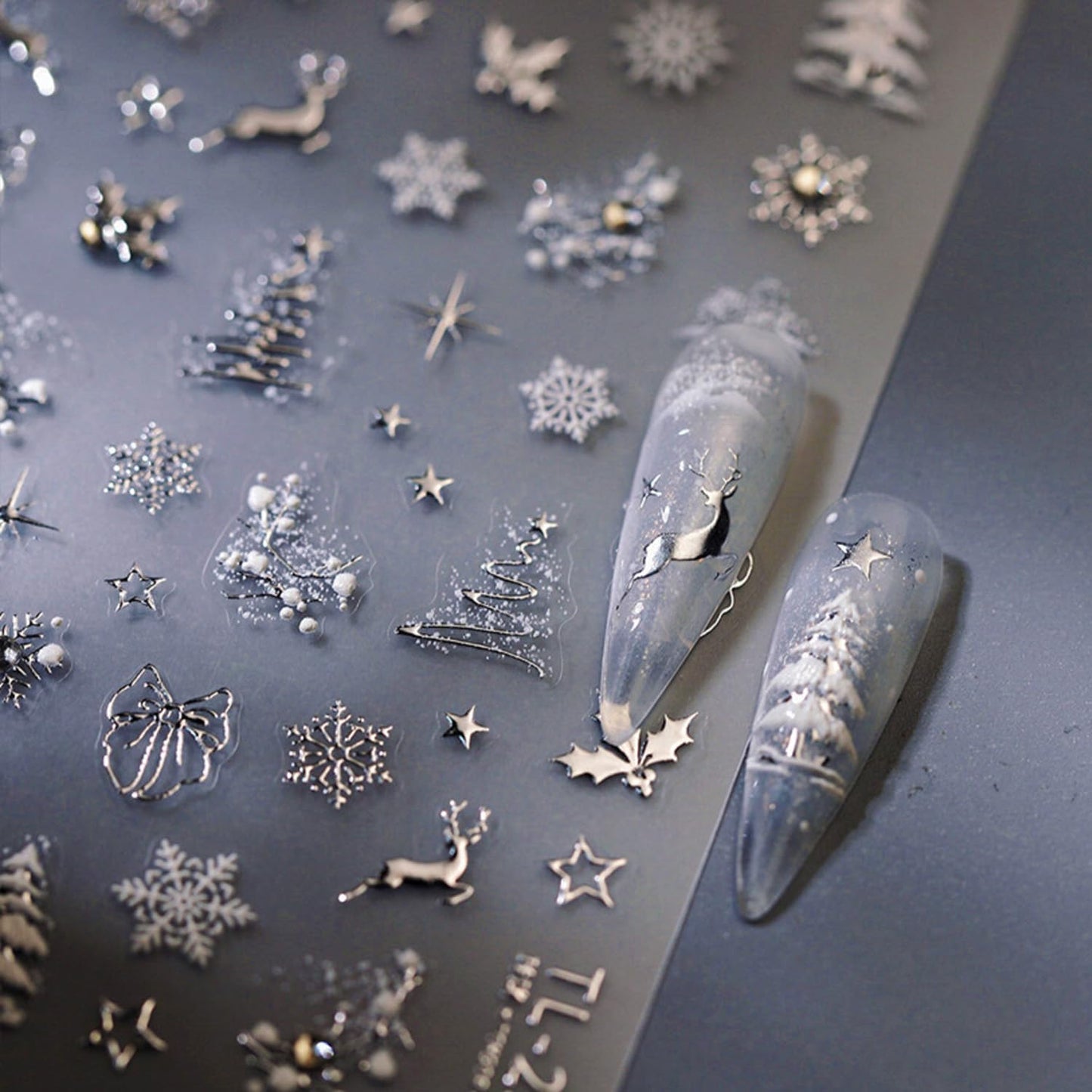 Christmas Nail Stickers for Nail Art Glitter Silver Reindeer Christmas Tree Nail Art Stickers Winter Xmas 5D Embossed Nail Decals 3D Self-Adhesive Nails Supply Manicure Sliders for Nails Decoration