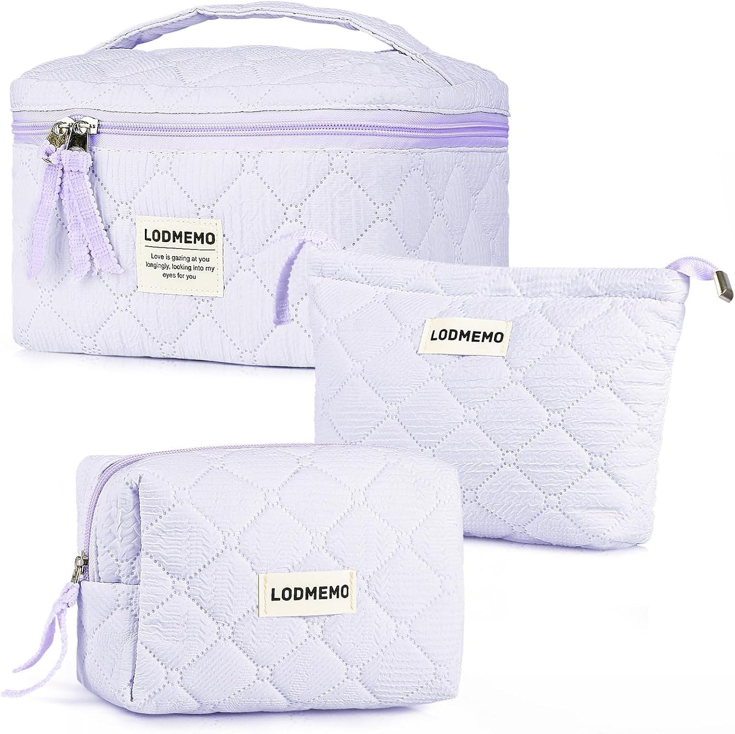Makeup Bag 3 PCS Cosmetic Bags for Women, Large Travel Make up Bag Set Cute Cotton Toiletry Bag Organizer Pouch for Purse, Purple