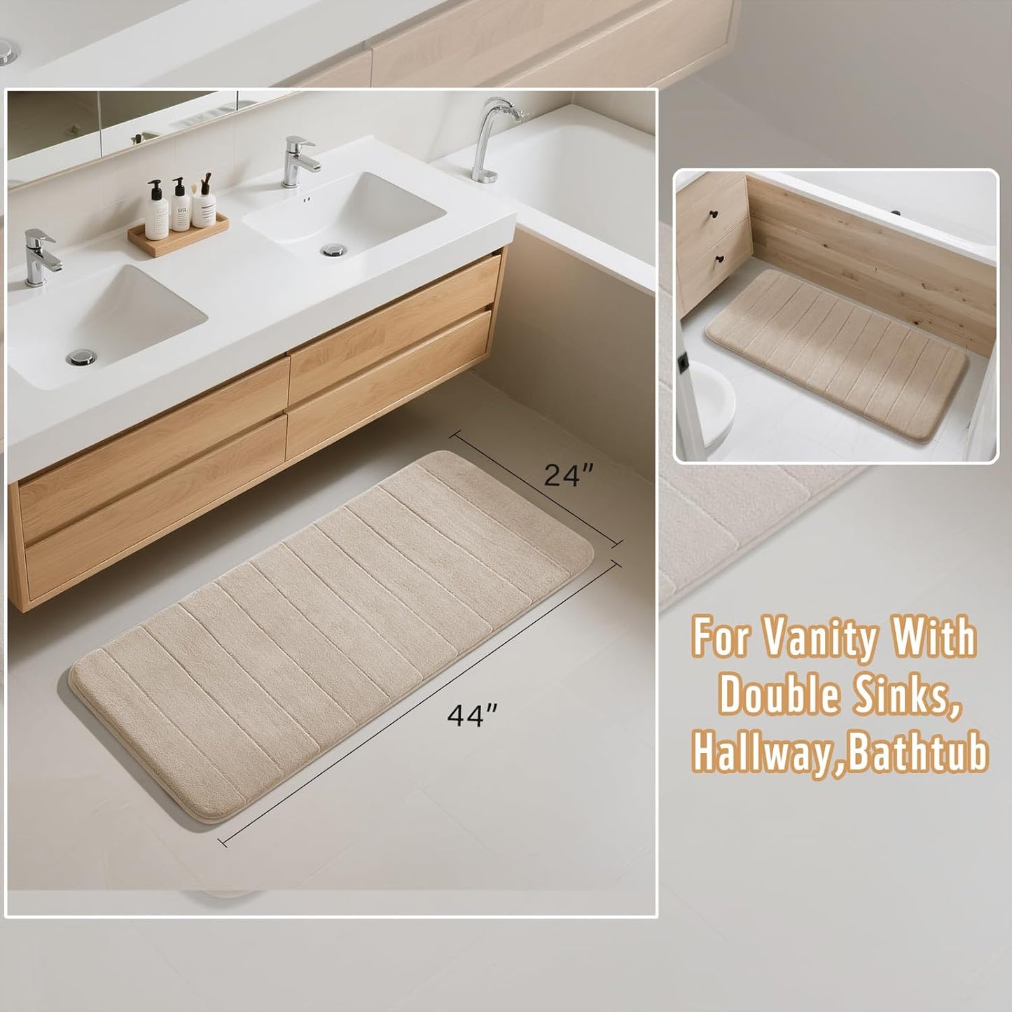 Yimobra Long Bath Mat 44"x24", Super Soft Quick Dry Memory Foam Bathroom Rug, Water Absorbent, Non Slip Backing Machine Washable for Tub Shower, Thick Comfort Support, Beige