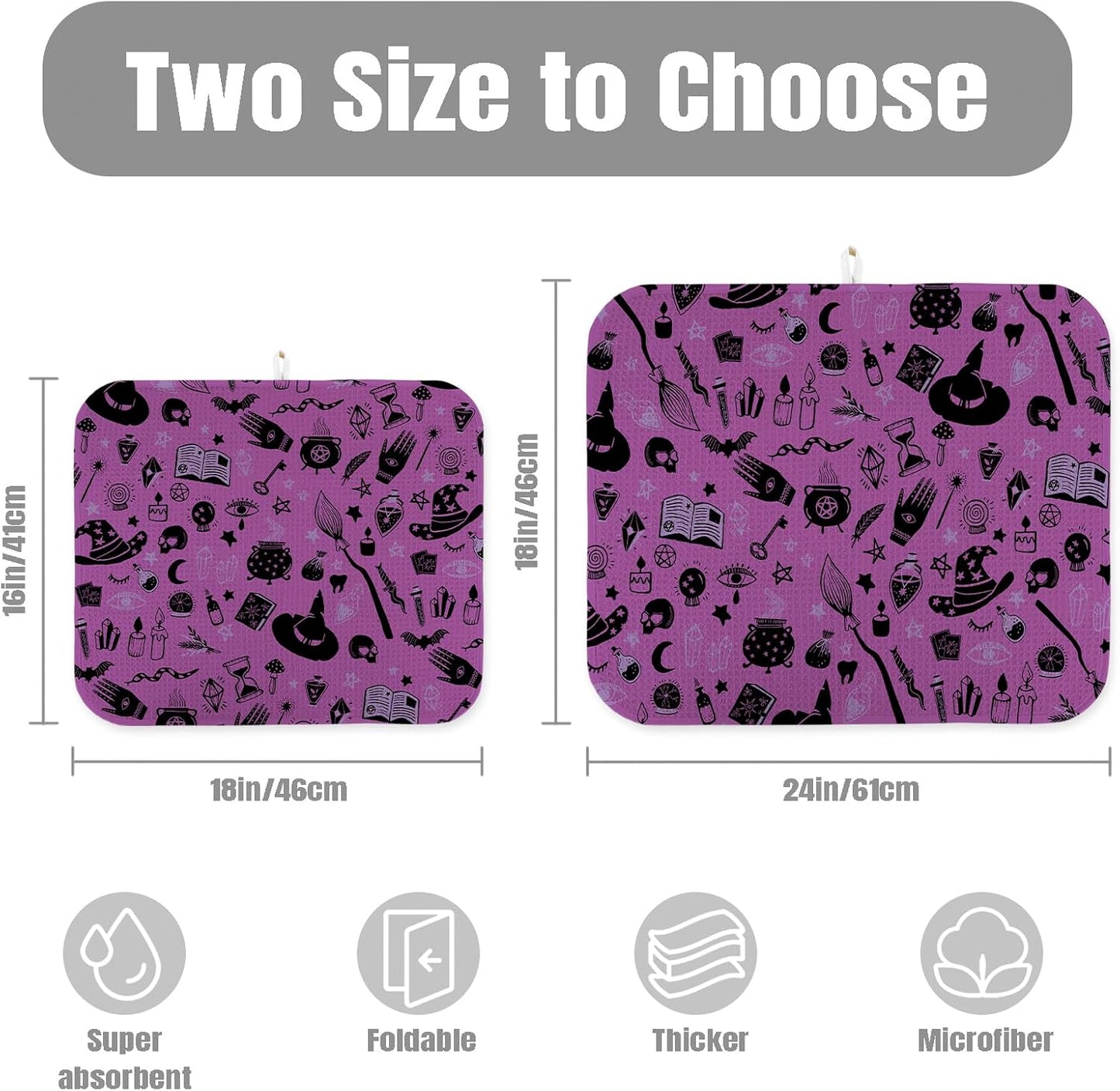 Dish Drying Mat for Kitchen Counter Large 16" x 18" Purple Halloween Witch Absorbent Microfiber Dishes Drainer Rack Mats Pad Reusable Washable