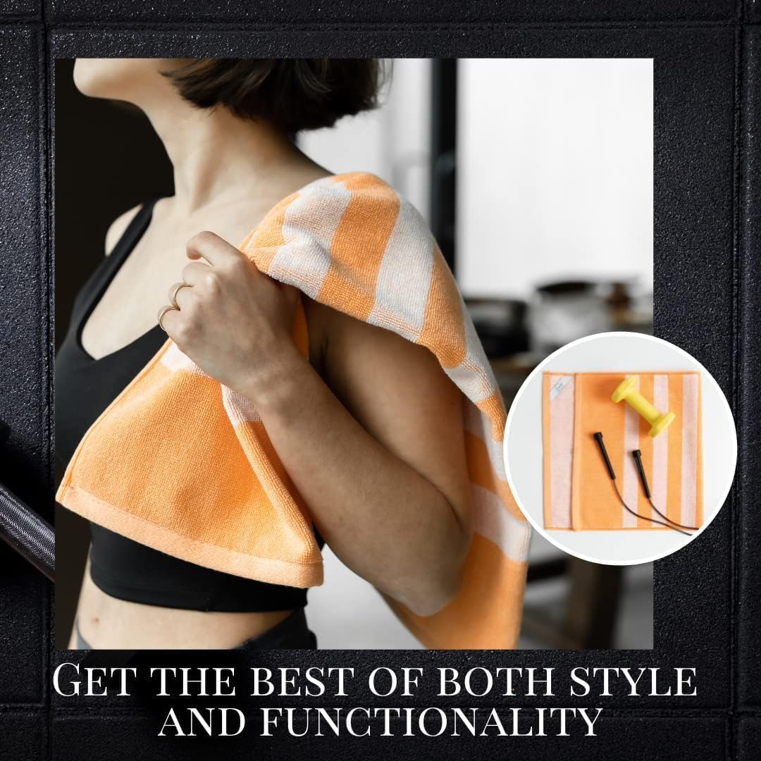 Luzia Striped Workout Towel for Sweat (Pack of 2) - Premium Quality 100% Turkish Cotton - Lightweight and Super Absorbent for Exercise, Sports, Workout, Fitness, Gym, Yoga, Running (Orange)