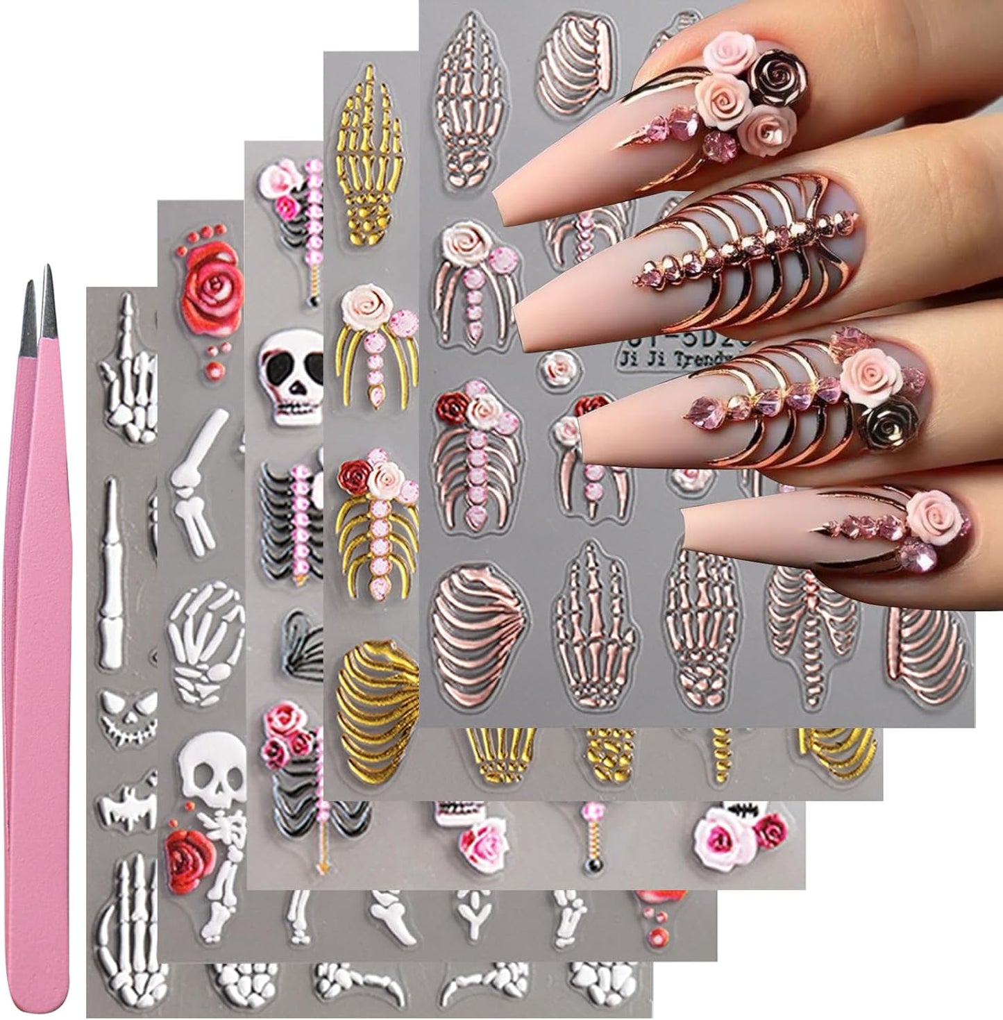 VOTACOS 5 Sheets Halloween Nail Art Stickers Decals 5D Nail Decals Gold White Bone Pattern Sticker Self-Adhesive Skull Nails Supplies Accessories 3for Women Halloween Nails DIY Decoration
