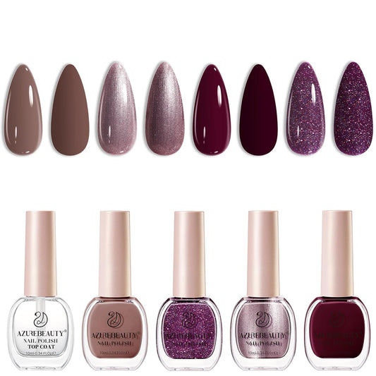 AZUREBEAUTY Nail Polish Set, 4 Colors Brown Purple Glitter Quick Dry Natural Nail Lacquer Strengthening Treatment Kit with Top Coat DIY Salon at Home